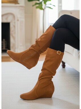 Tan Knee-High Faux Suede Wedge Boots With Side Zipper & Buckle Accent For Women